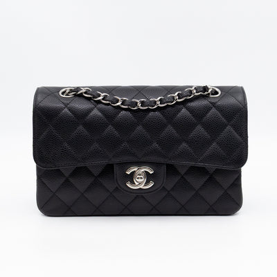 Classic Double Flap Small Black Caviarskin Silver