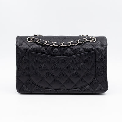 Classic Double Flap Small Black Caviarskin Silver