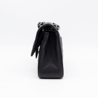 Classic Double Flap Small Black Caviarskin Silver