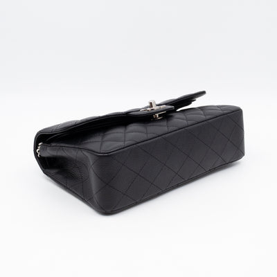 Classic Double Flap Small Black Caviarskin Silver