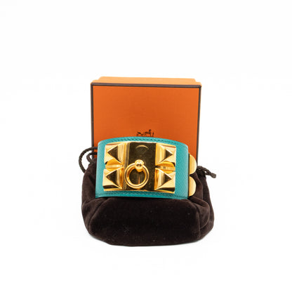 Collier de Chien Bracelet Gold & Bleu Paon Leather