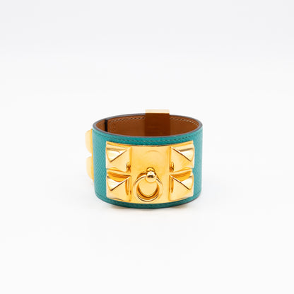 Collier de Chien Bracelet Gold & Bleu Paon Leather