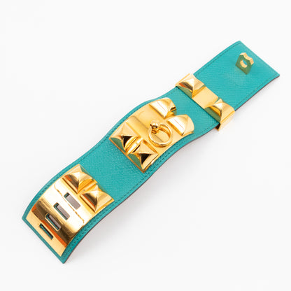 Collier de Chien Bracelet Gold & Bleu Paon Leather