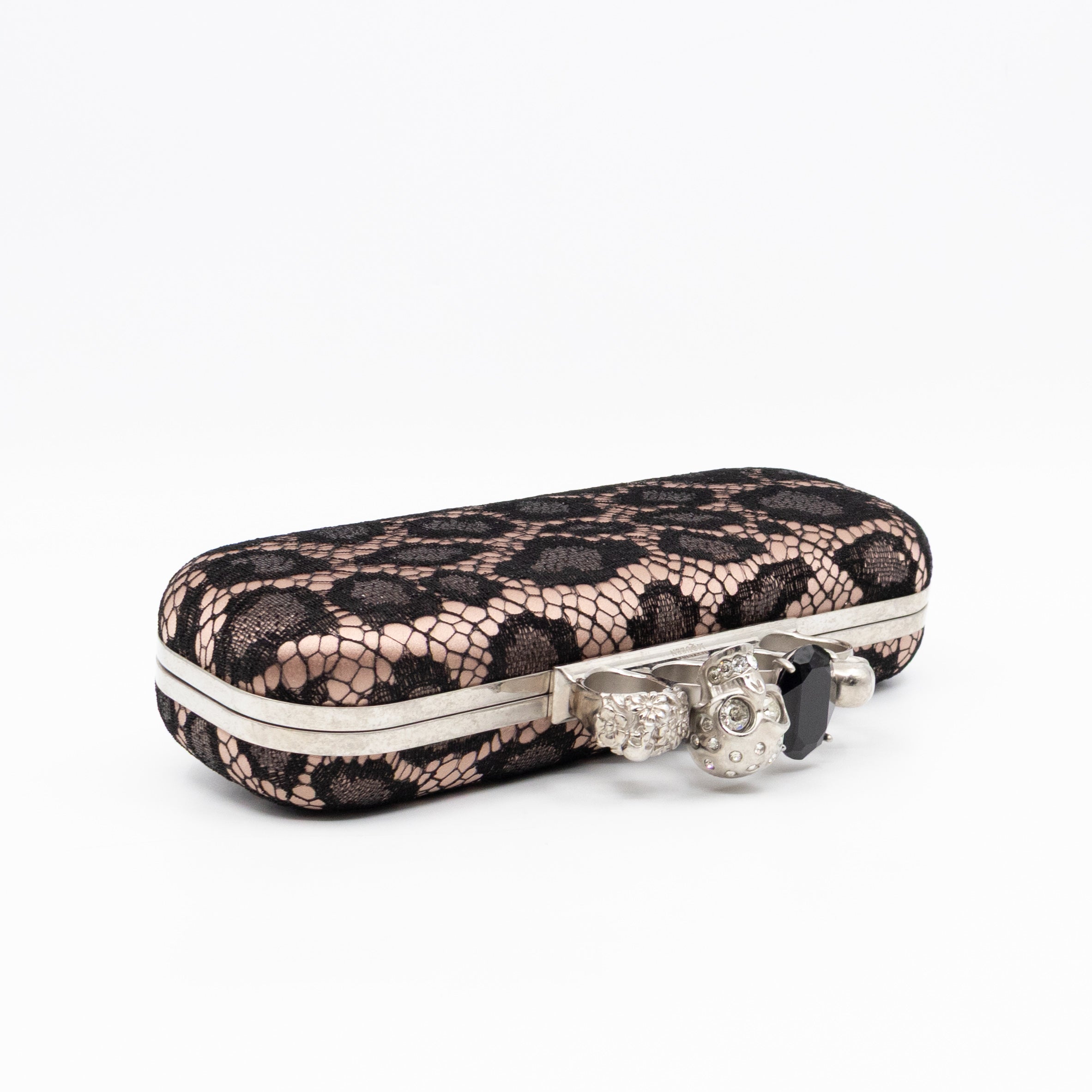 Long Skull Knuckle Clutch  Leopard Lace Pink