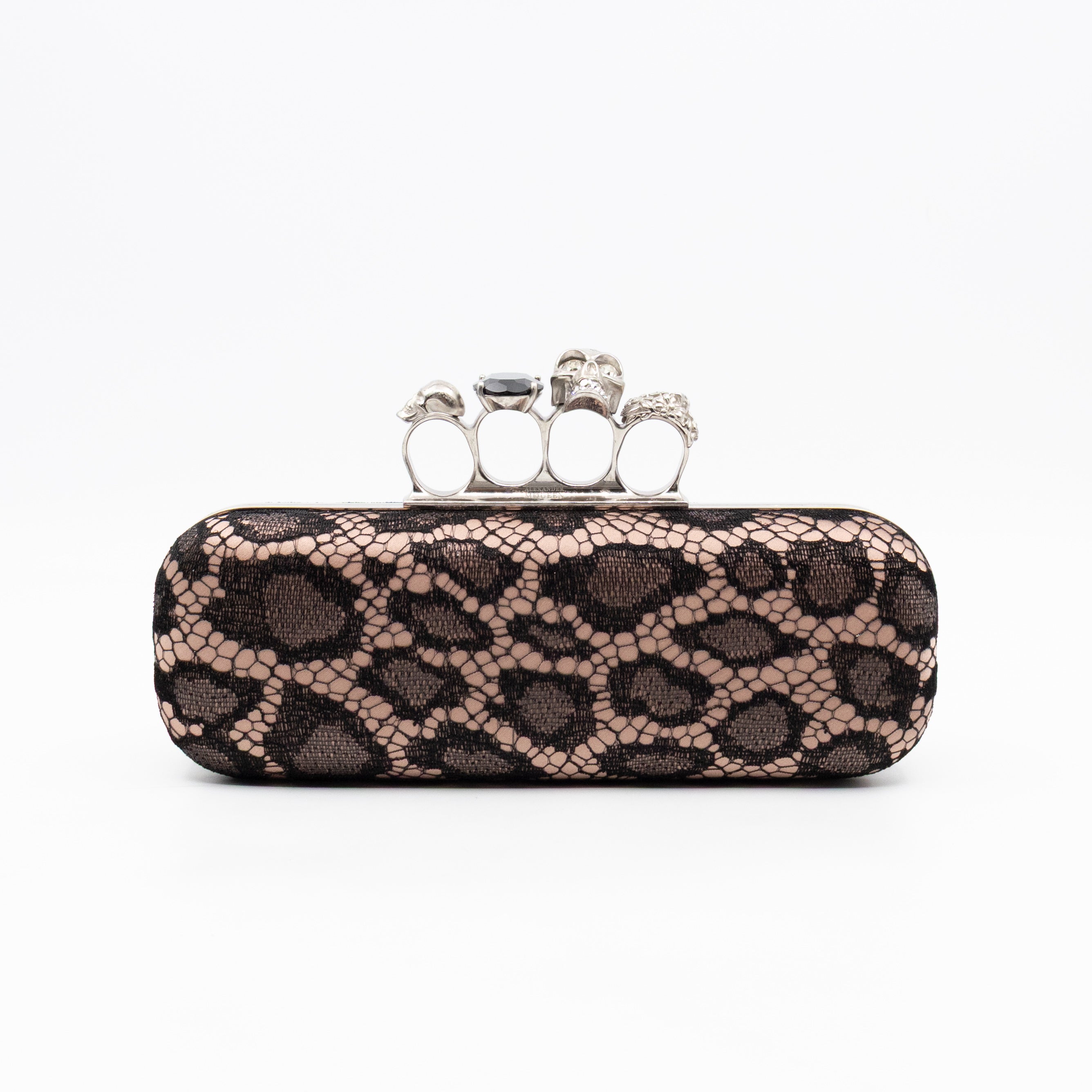 Long Skull Knuckle Clutch  Leopard Lace Pink