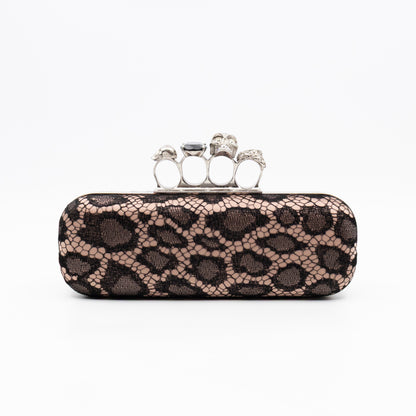 Long Skull Knuckle Clutch  Leopard Lace Pink