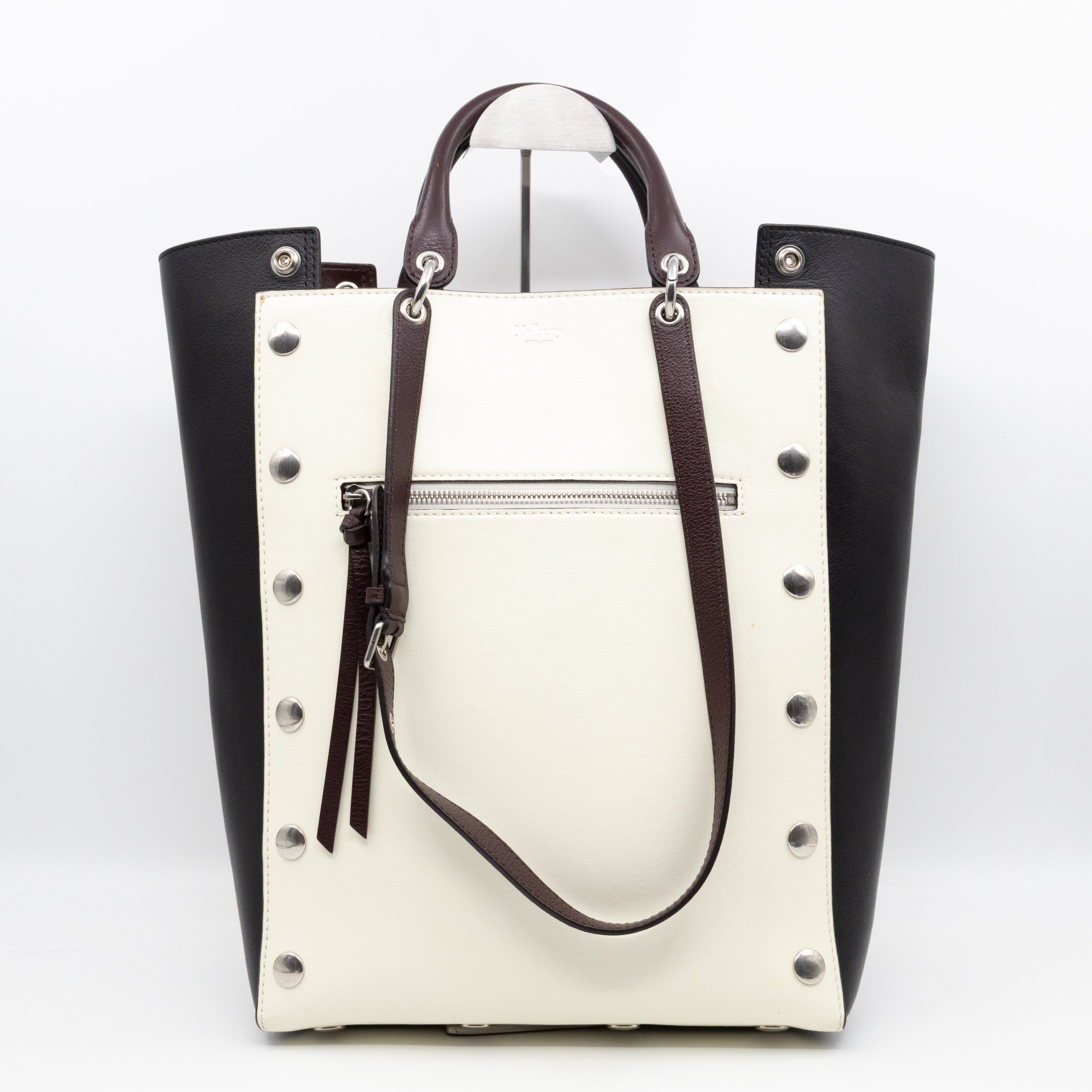 Studded Maple Tote Black & White Smooth Leather