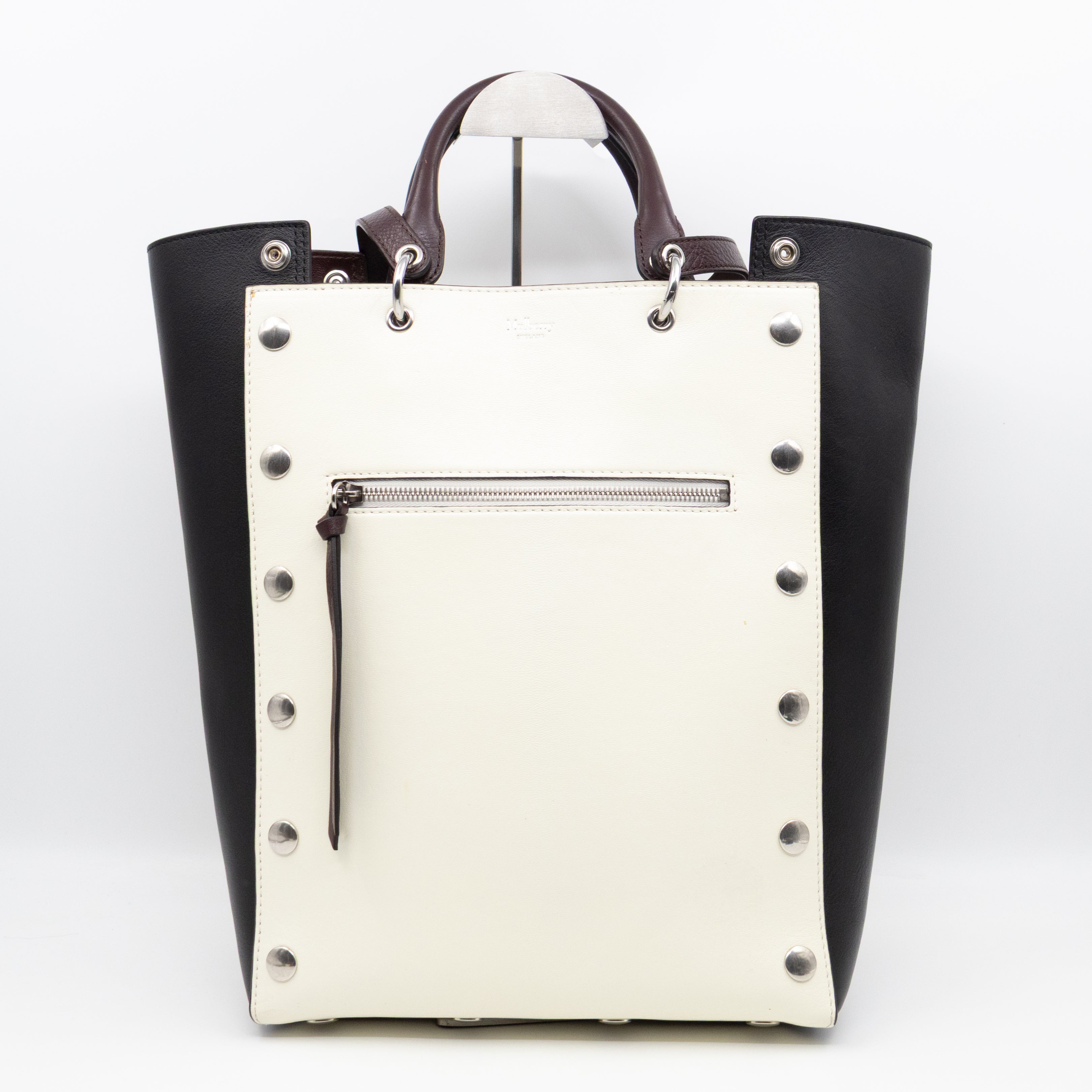 Studded Maple Tote Black & White Smooth Leather