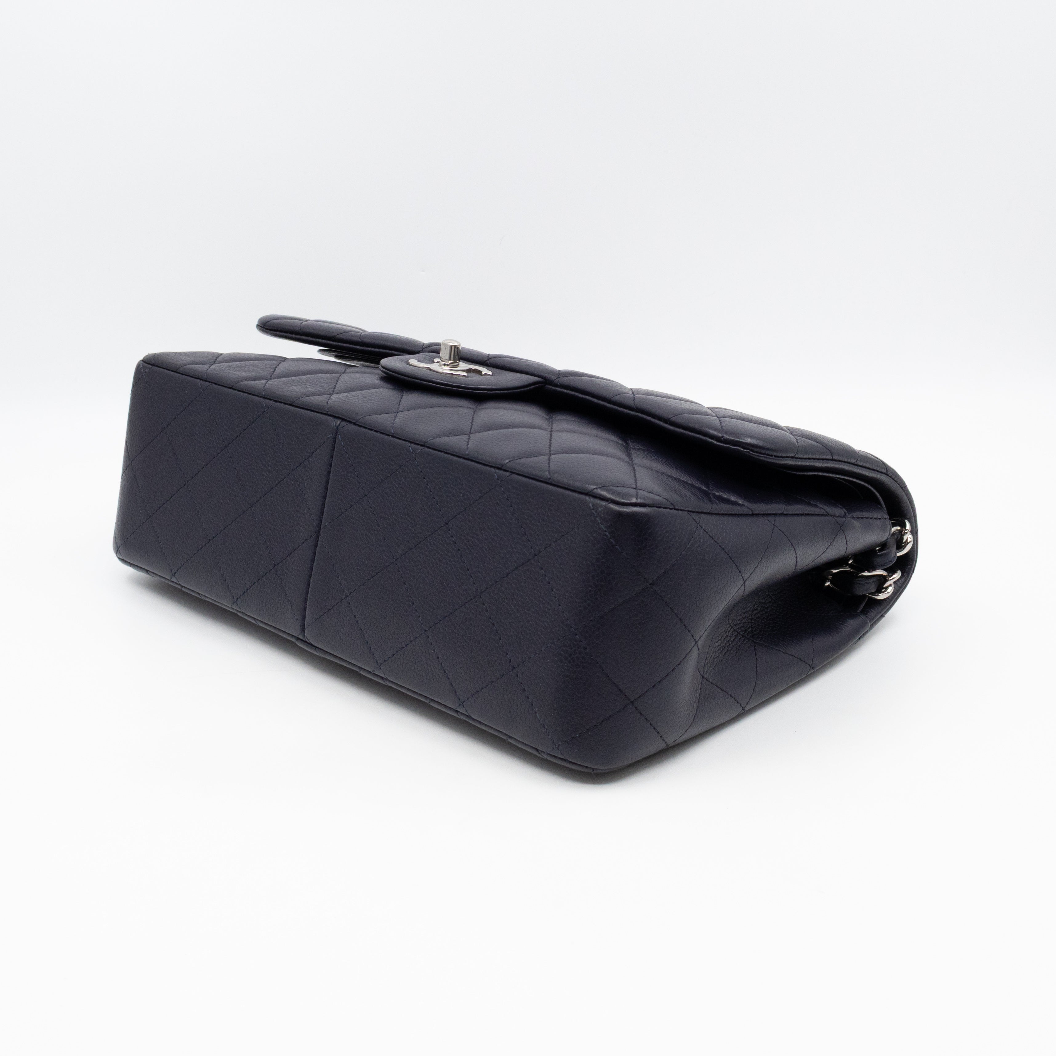 Classic Double Flap Jumbo Navy Soft Caviar Leather Silver