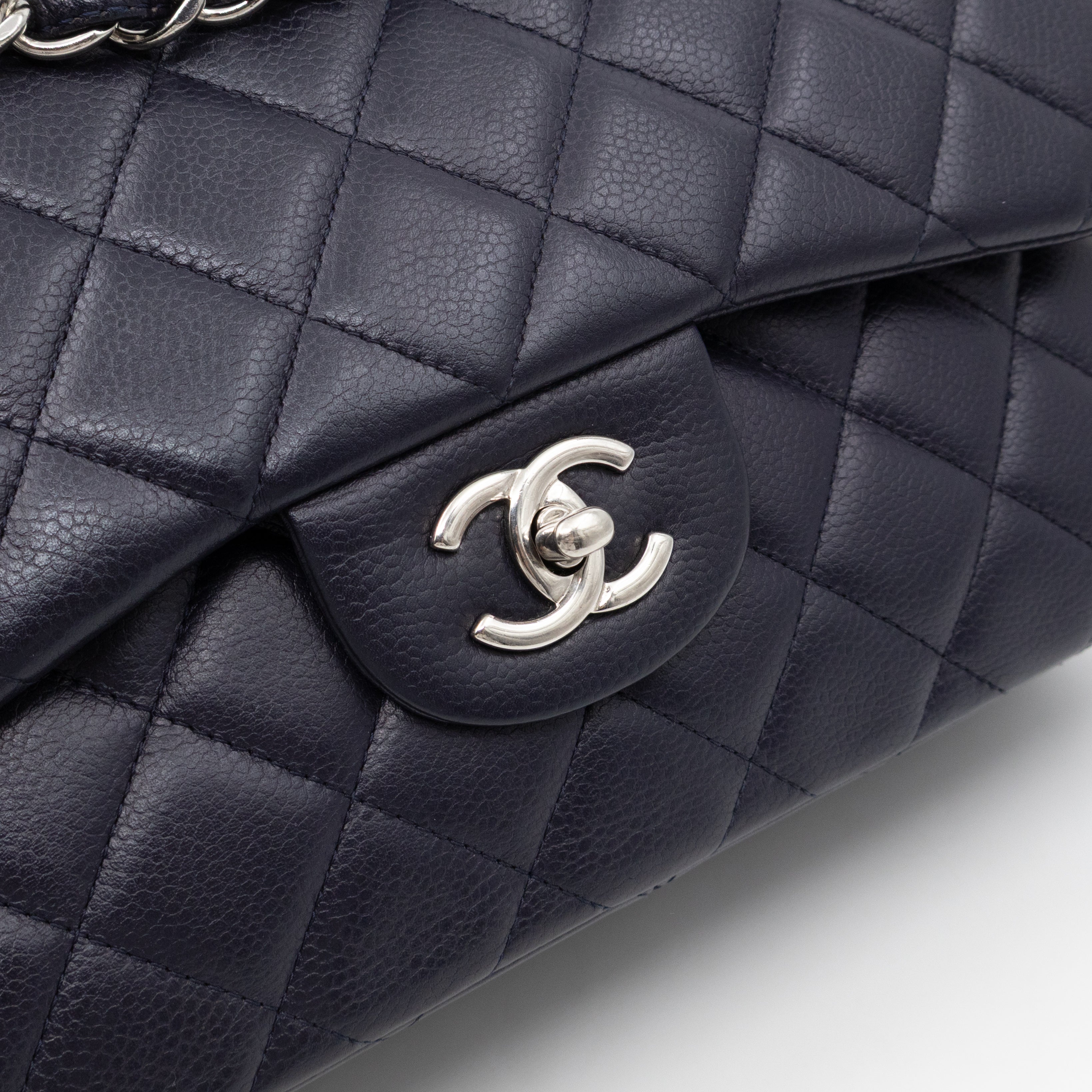 Classic Double Flap Jumbo Navy Soft Caviar Leather Silver
