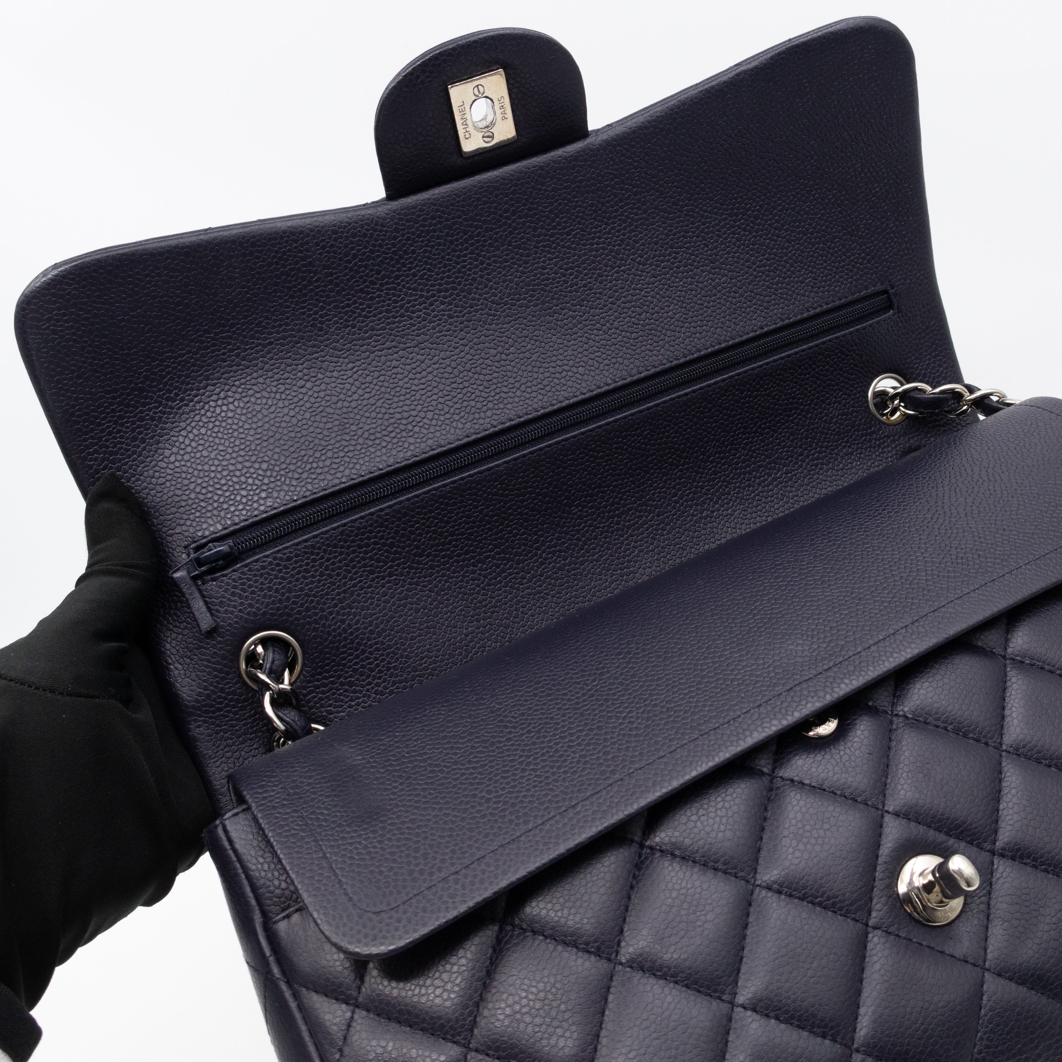 Classic Double Flap Jumbo Navy Soft Caviar Leather Silver