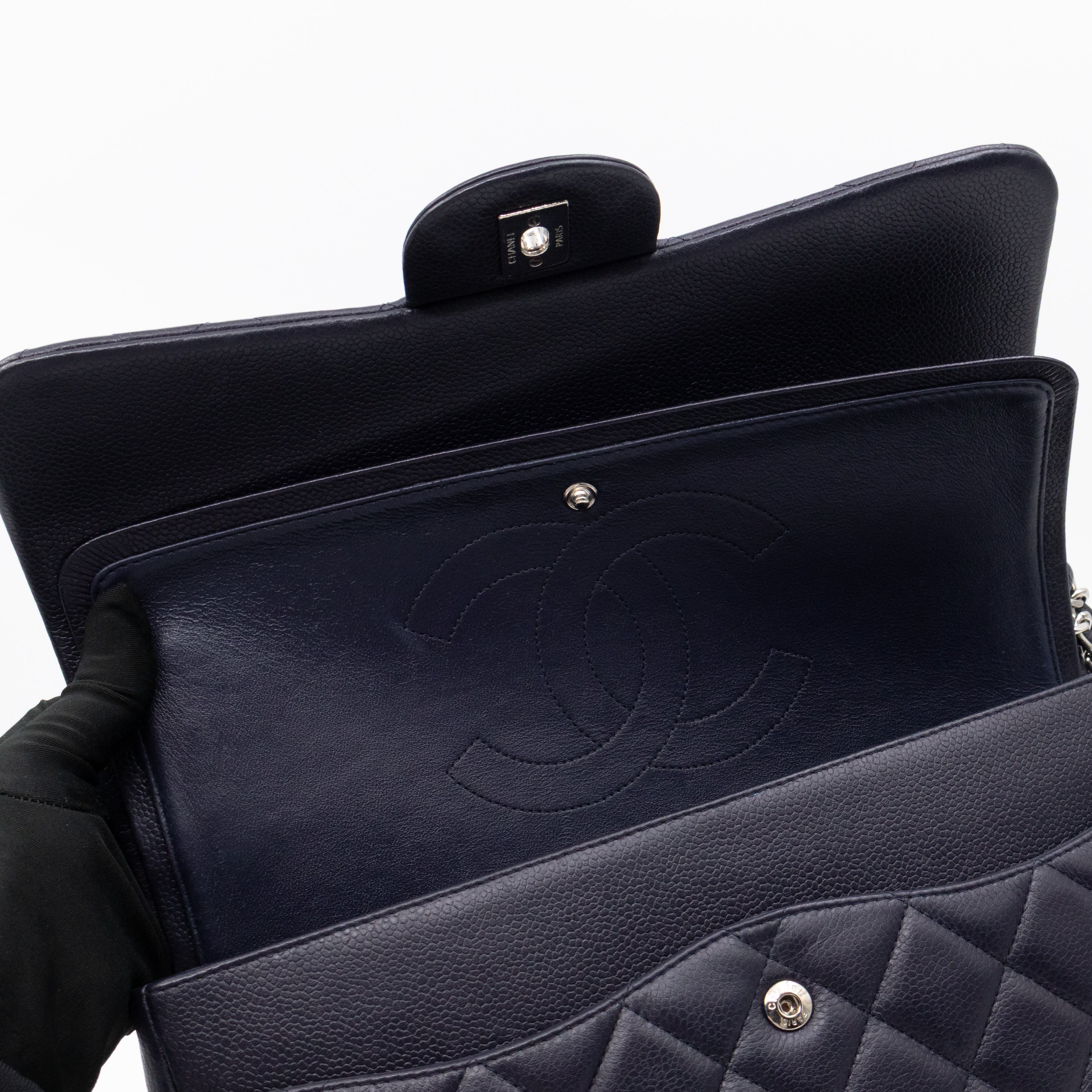 Classic Double Flap Jumbo Navy Soft Caviar Leather Silver