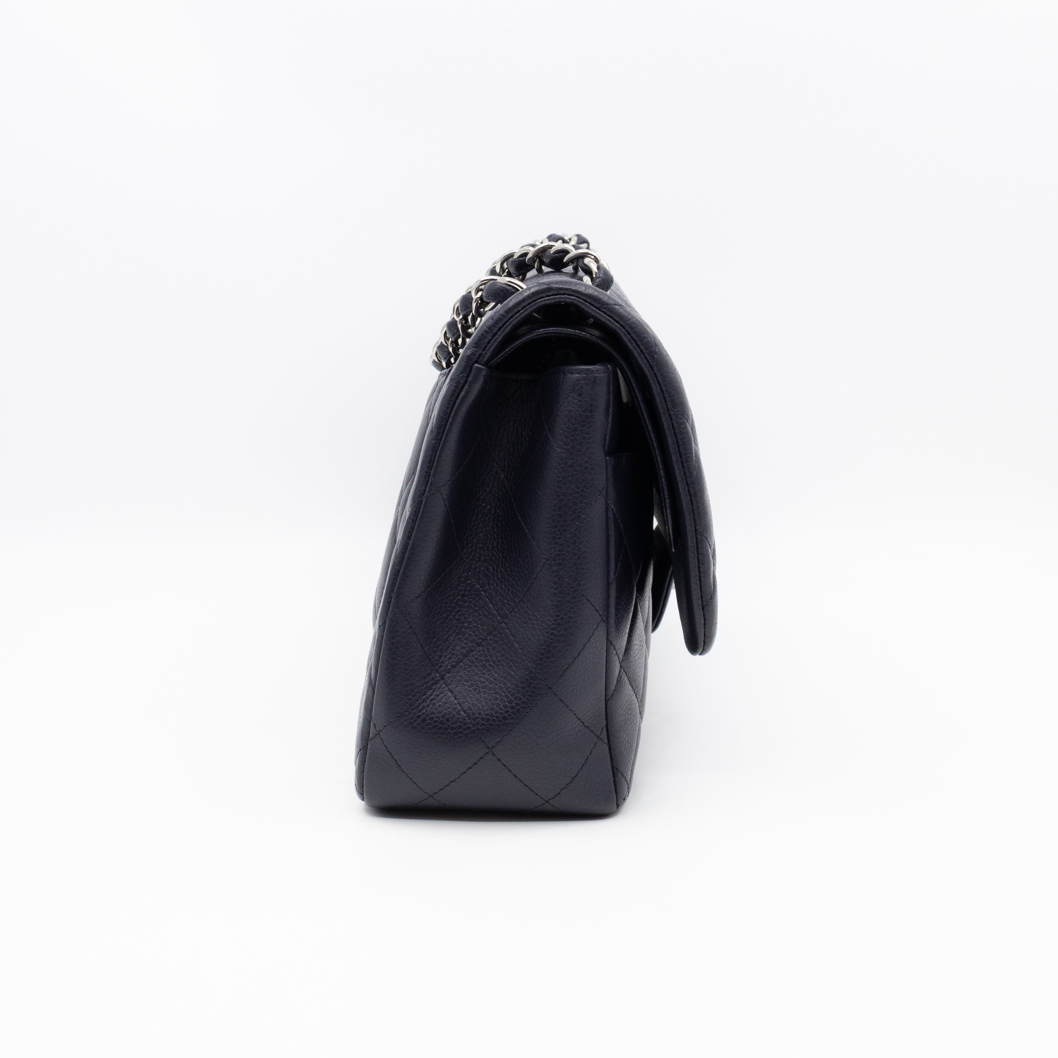 Classic Double Flap Jumbo Navy Soft Caviar Leather Silver