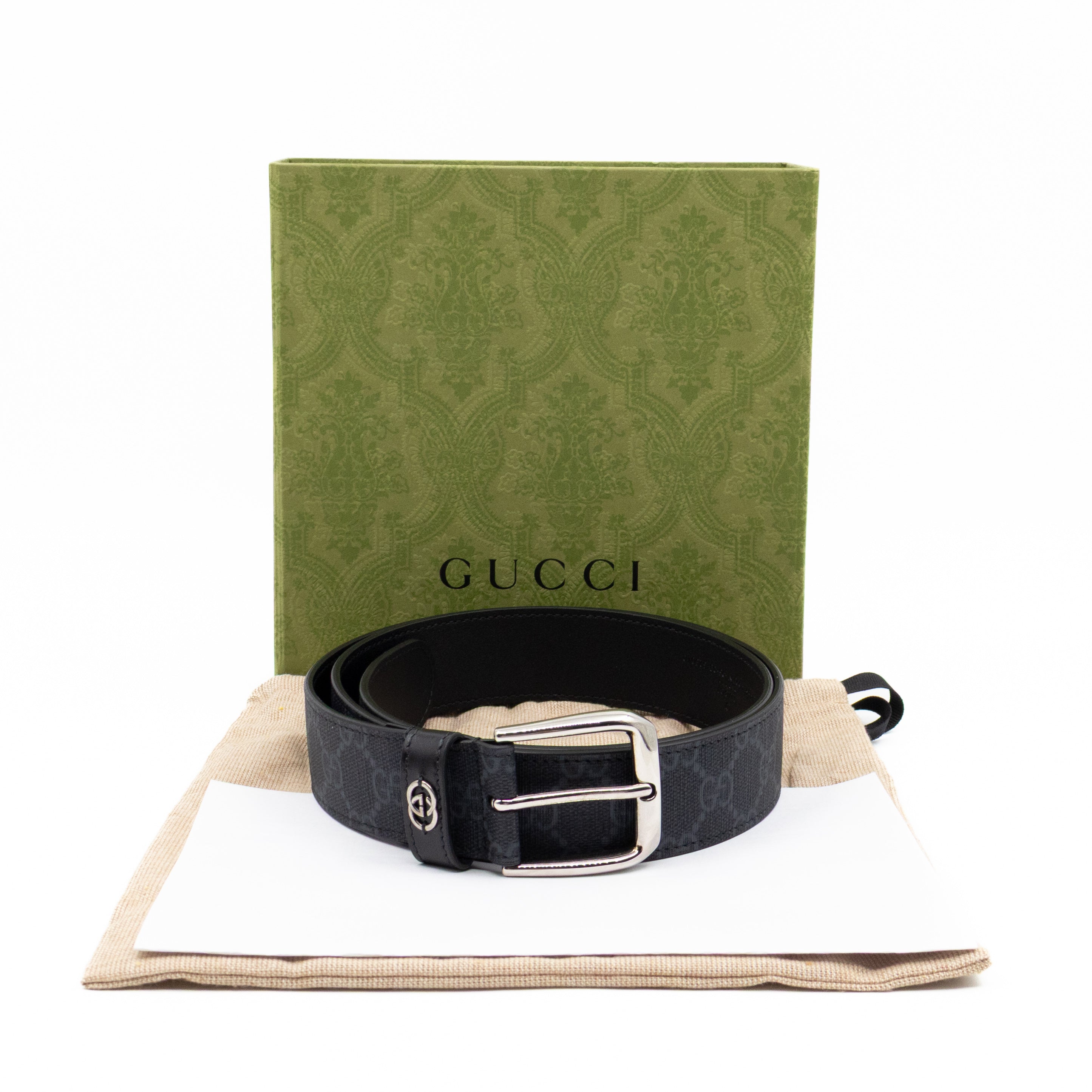 Square Buckle Belt Black GG Supreme Leather 95/38