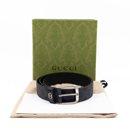 Square Buckle Belt Black GG Supreme Leather 95/38