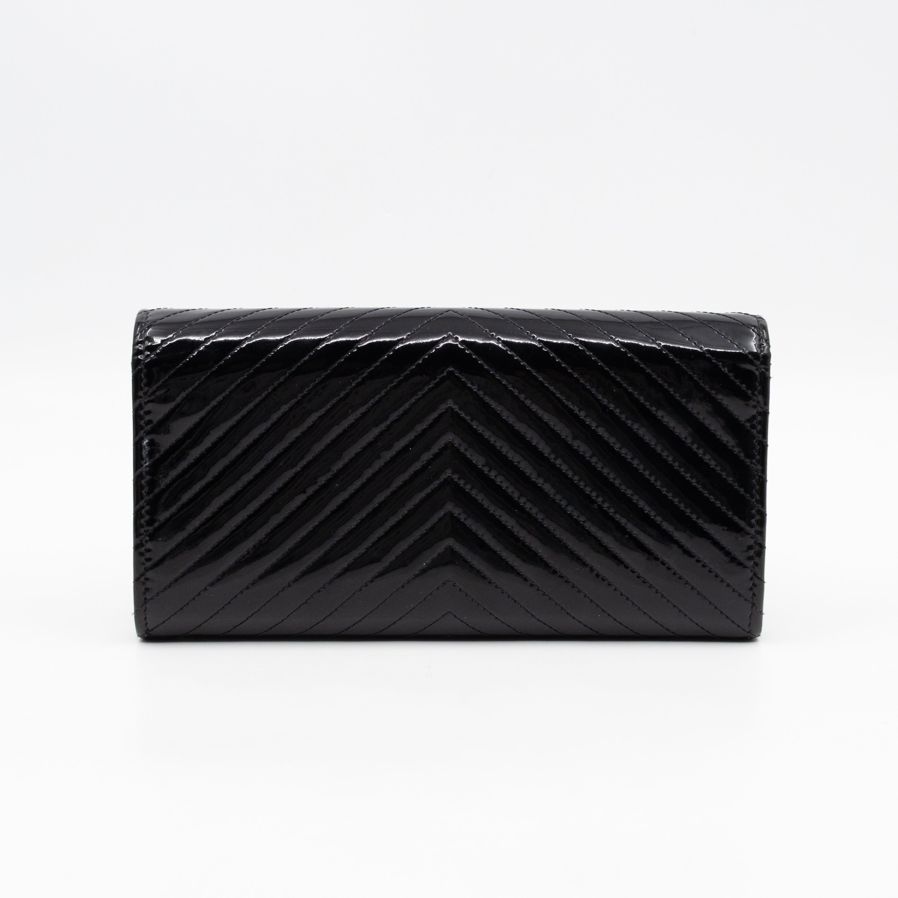 Gusset Long Flap Wallet Chevron Black Patent Leather