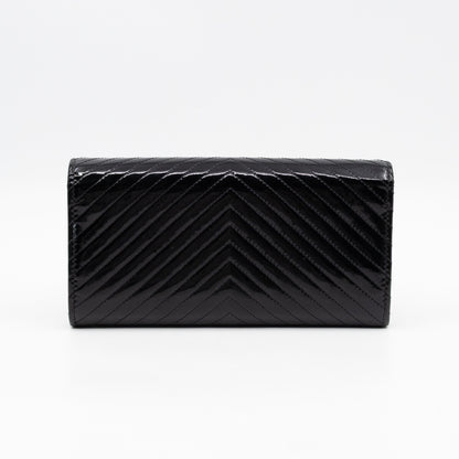 Gusset Long Flap Wallet Chevron Black Patent Leather