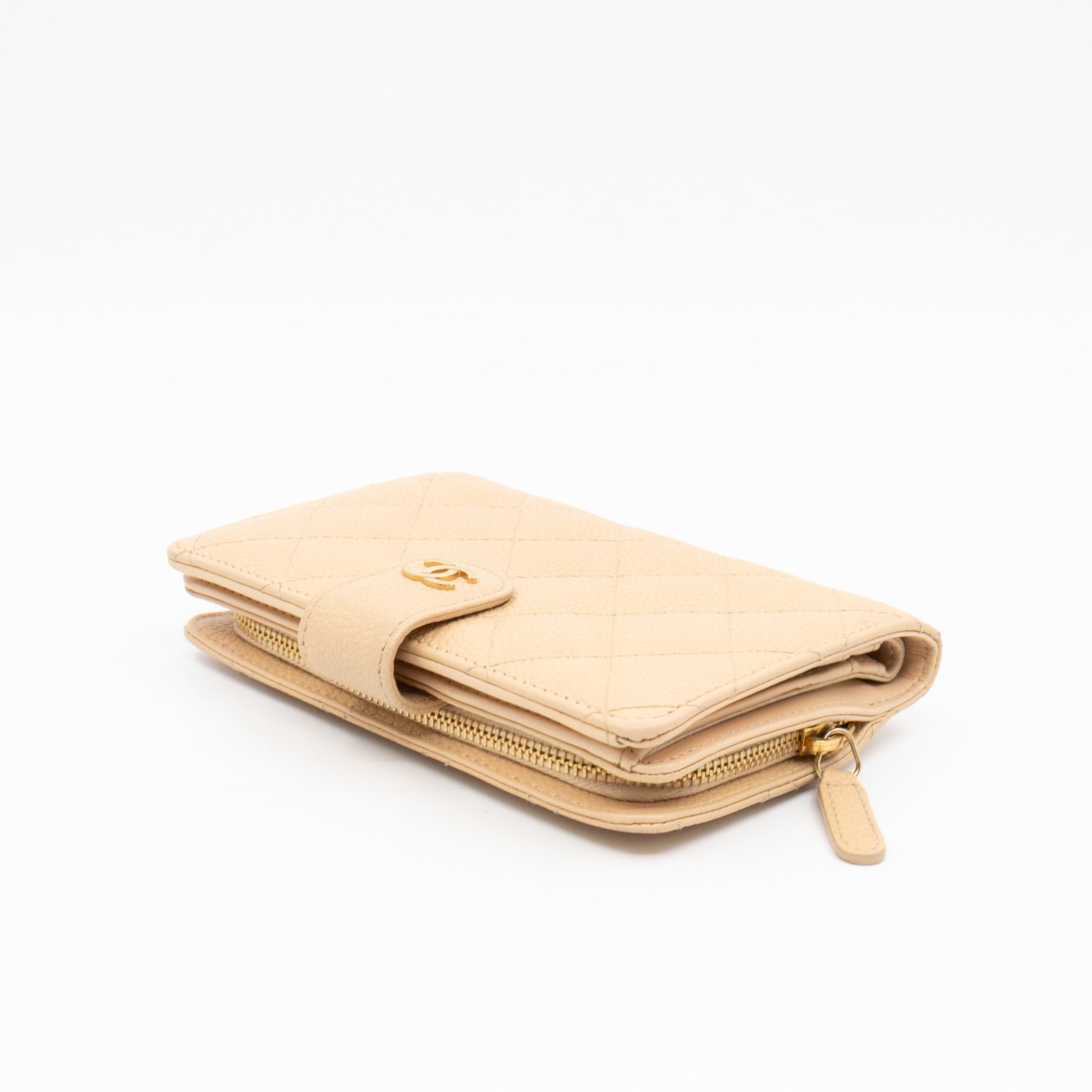 L-Zip French Wallet Beige Caviar Gold