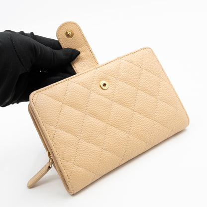 L-Zip French Wallet Beige Caviar Gold