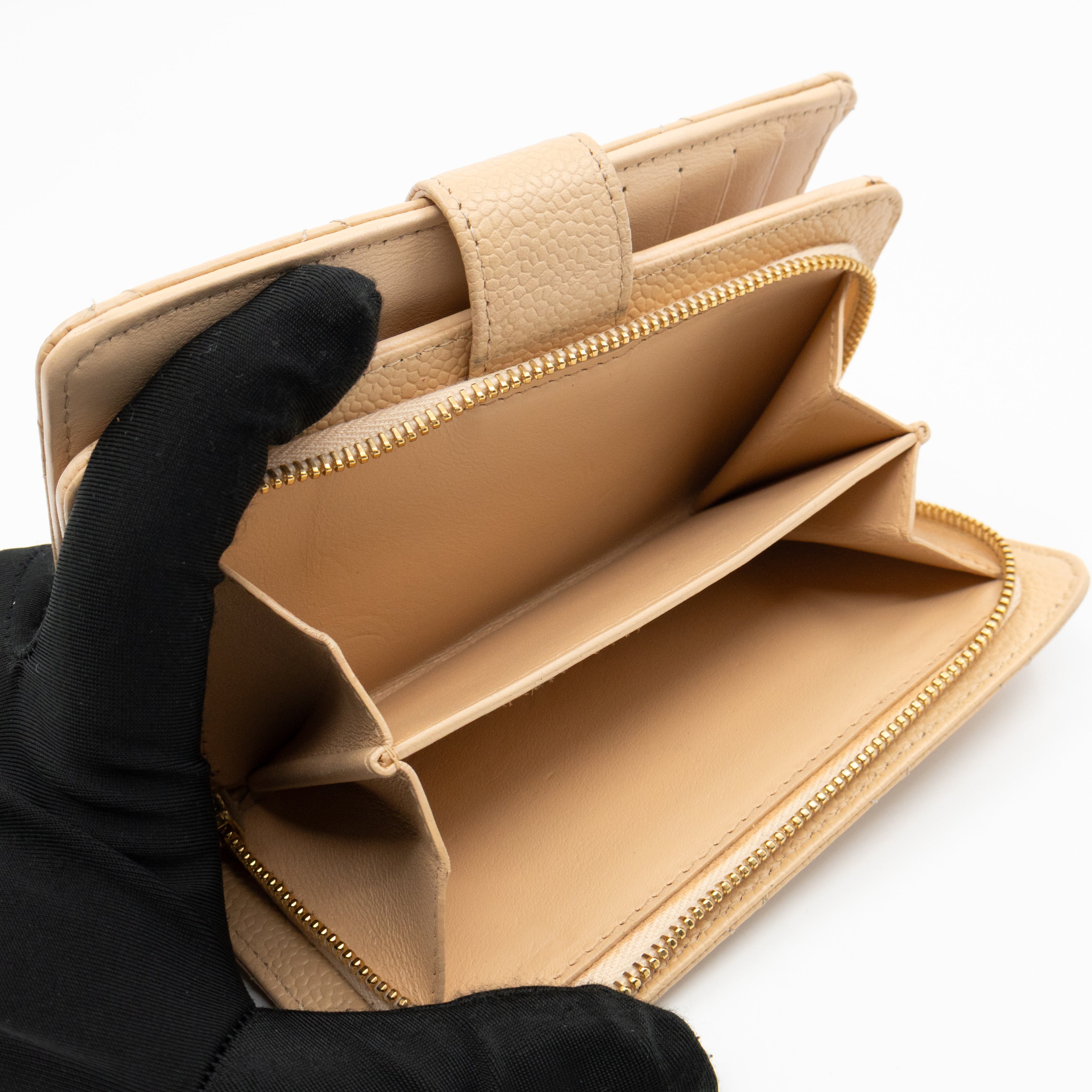 L-Zip French Wallet Beige Caviar Gold