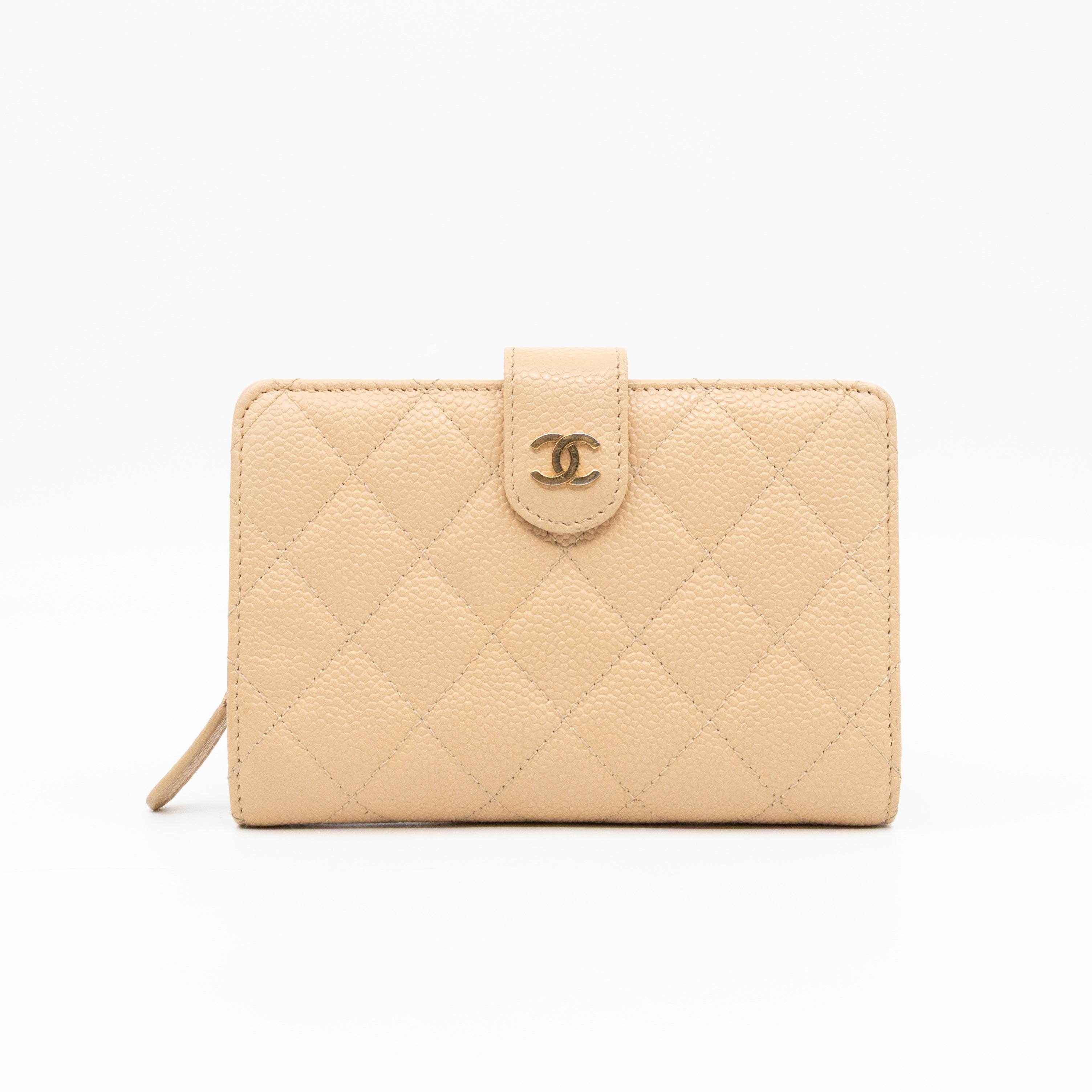 L-Zip French Wallet Beige Caviar Gold
