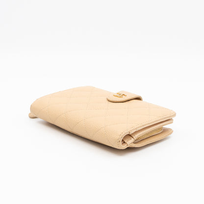 L-Zip French Wallet Beige Caviar Gold
