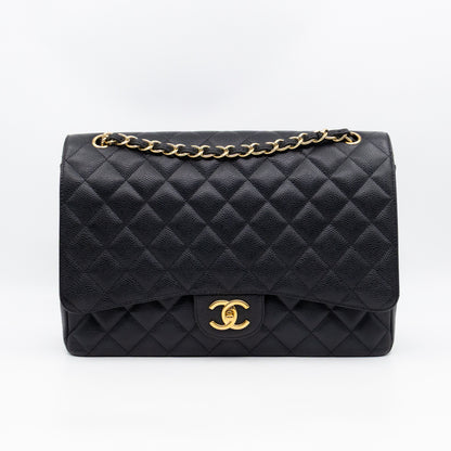 Classic Double Flap Maxi Black Caviar Leather Gold