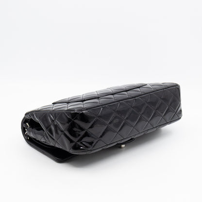 Classic Double Flap Medium Black Patent Leather Silver