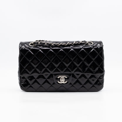 Classic Double Flap Medium Black Patent Leather Silver