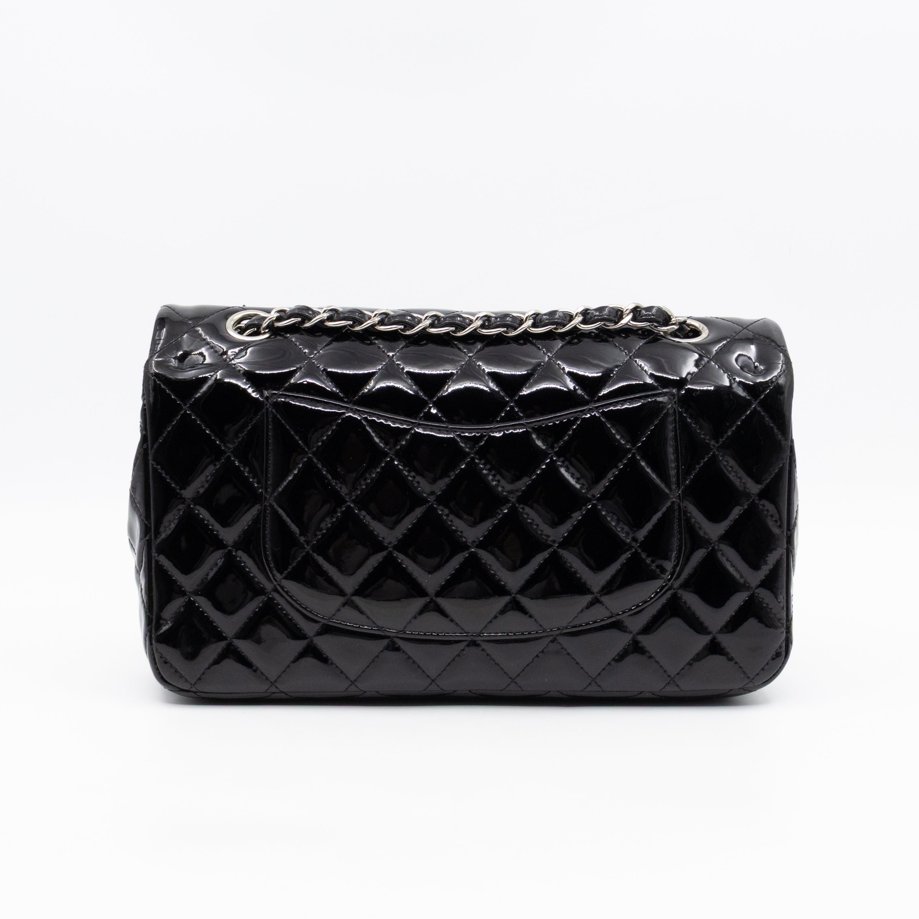 Classic Double Flap Medium Black Patent Leather Silver