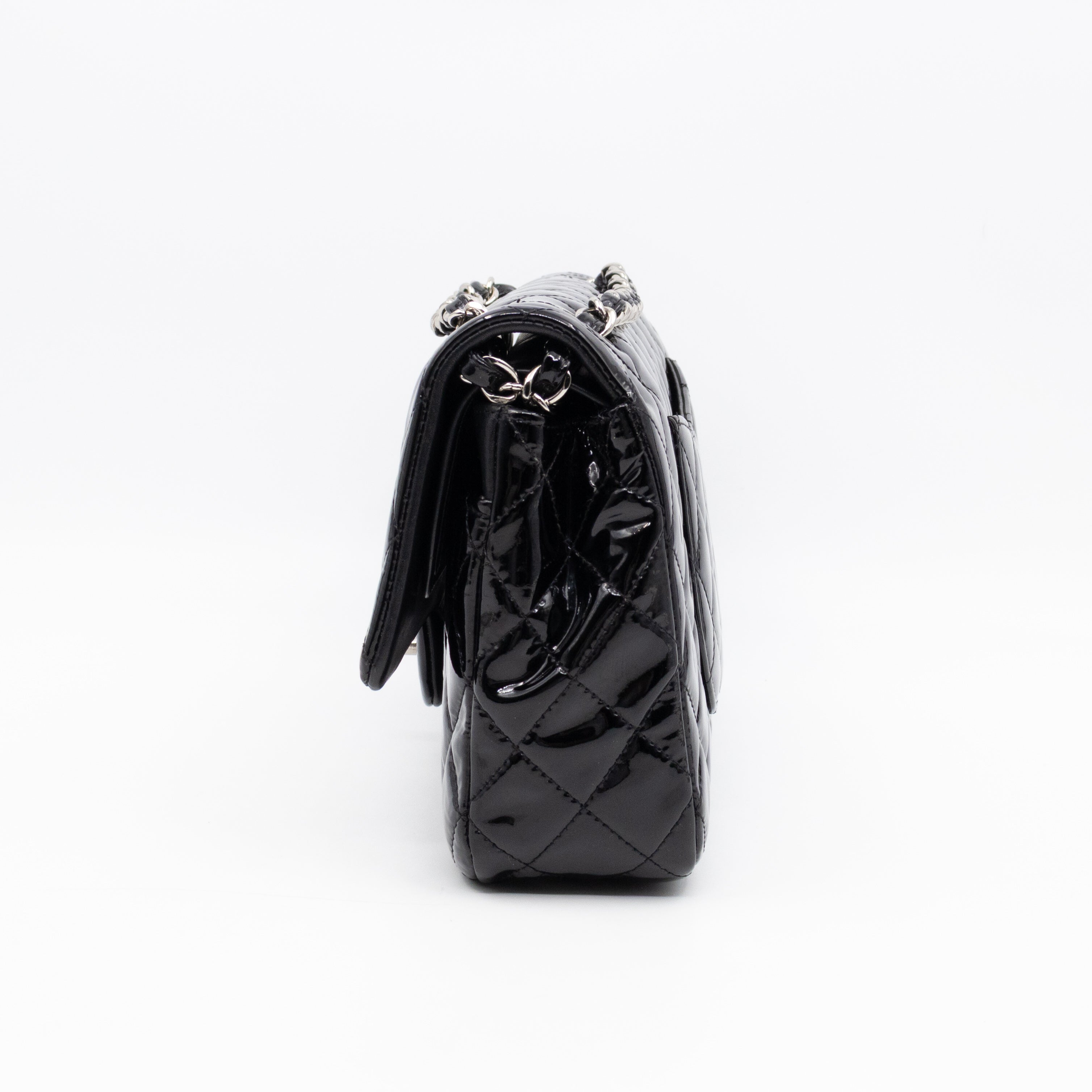 Classic Double Flap Medium Black Patent Leather Silver