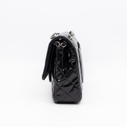 Classic Double Flap Medium Black Patent Leather Silver