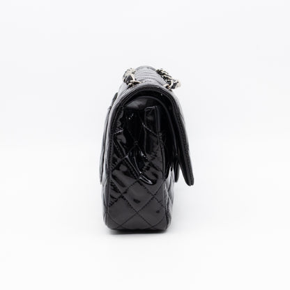 Classic Double Flap Medium Black Patent Leather Silver