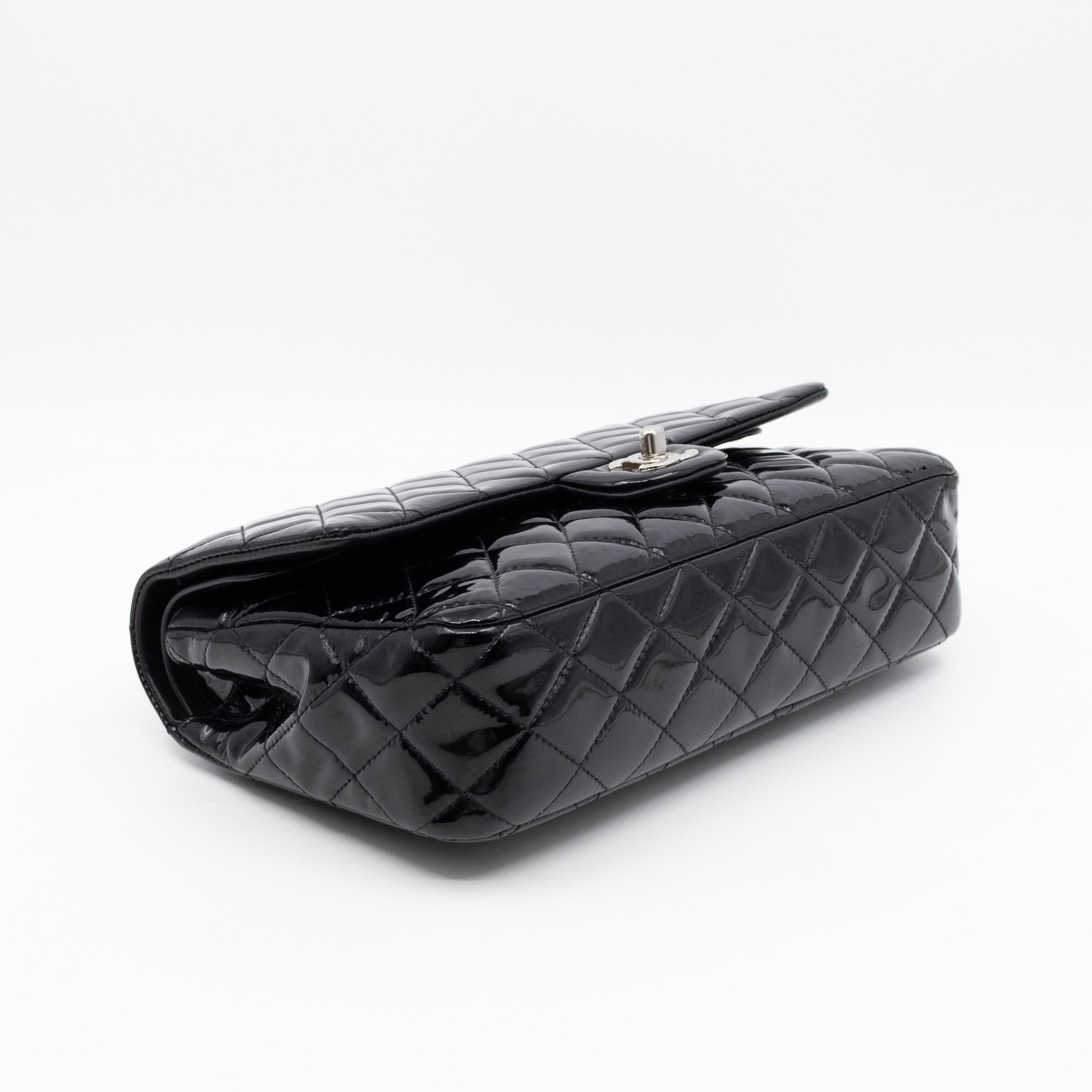 Classic Double Flap Medium Black Patent Leather Silver