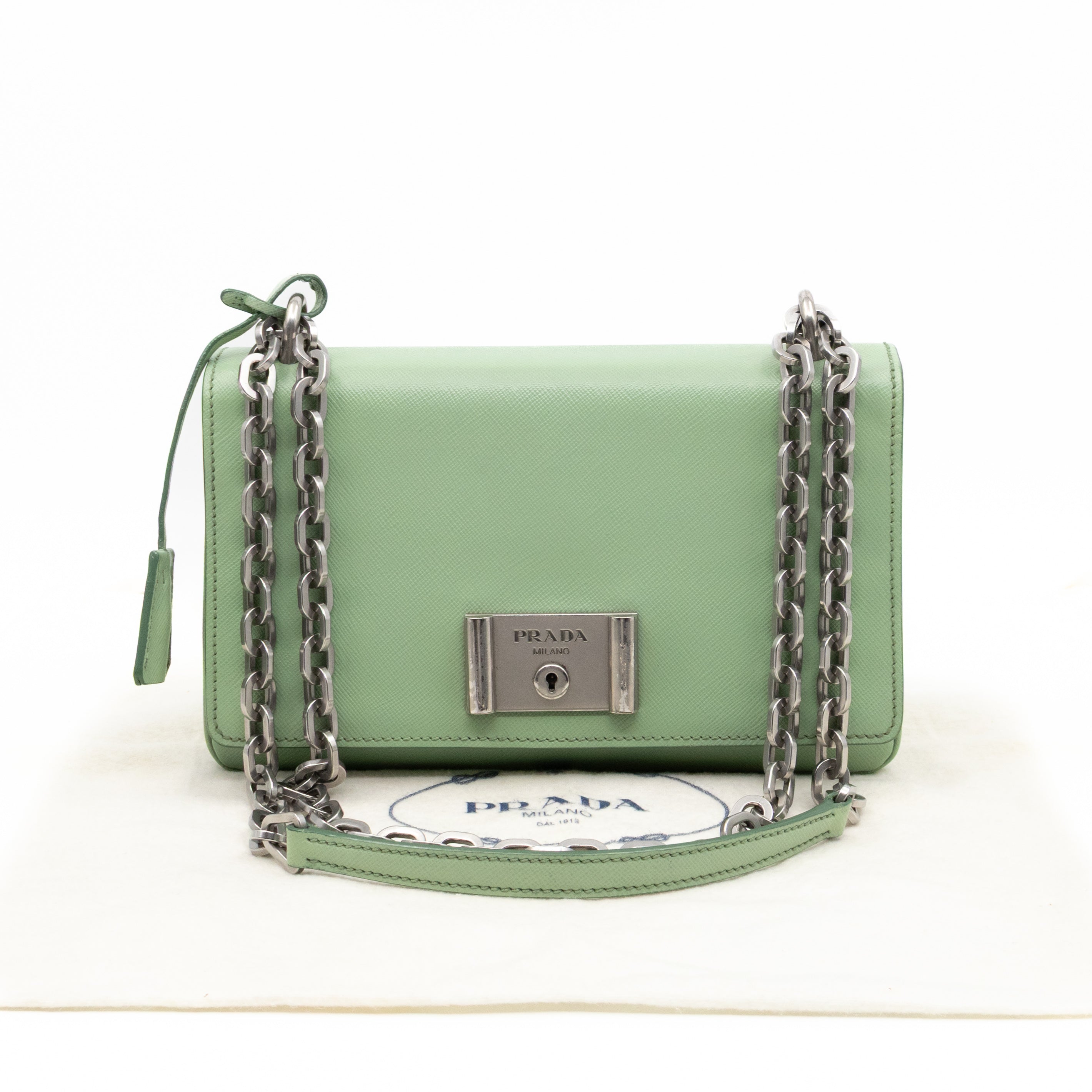 Chain Lock Flap Shoulder Bag Green Saffiano Leather