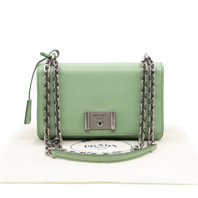 Chain Lock Flap Shoulder Bag Green Saffiano Leather