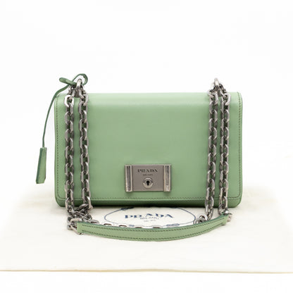 Chain Lock Flap Shoulder Bag Green Saffiano Leather