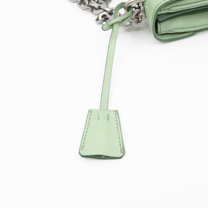 Chain Lock Flap Shoulder Bag Green Saffiano Leather