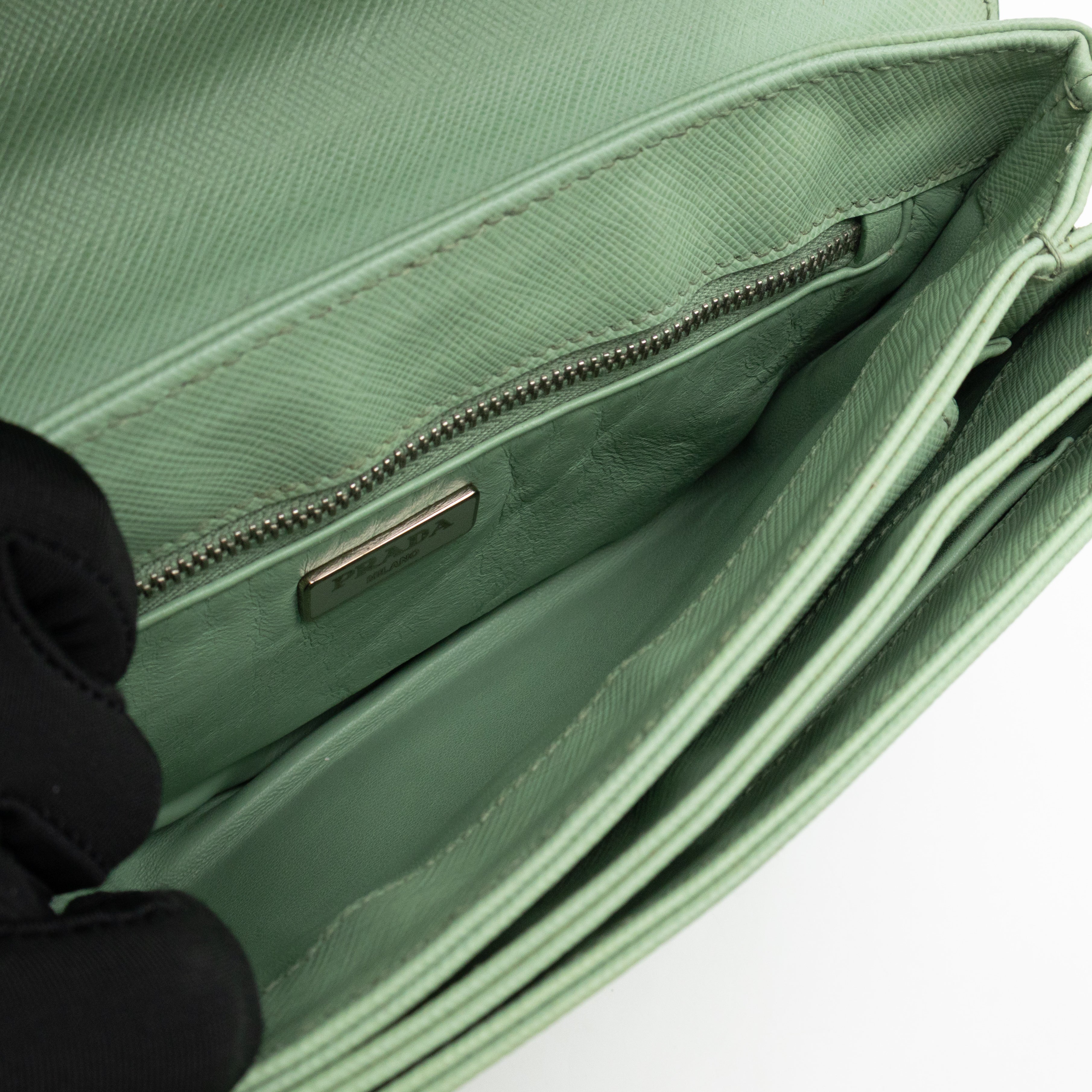Chain Lock Flap Shoulder Bag Green Saffiano Leather