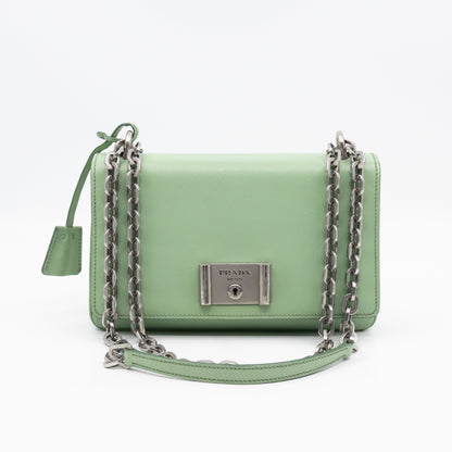 Chain Lock Flap Shoulder Bag Green Saffiano Leather