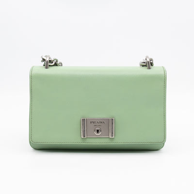 Chain Lock Flap Shoulder Bag Green Saffiano Leather