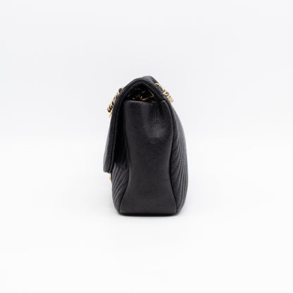 Medallion Charm Flap Bag Medium Black Chevron Leather