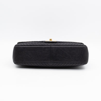 Medallion Charm Flap Bag Medium Black Chevron Leather