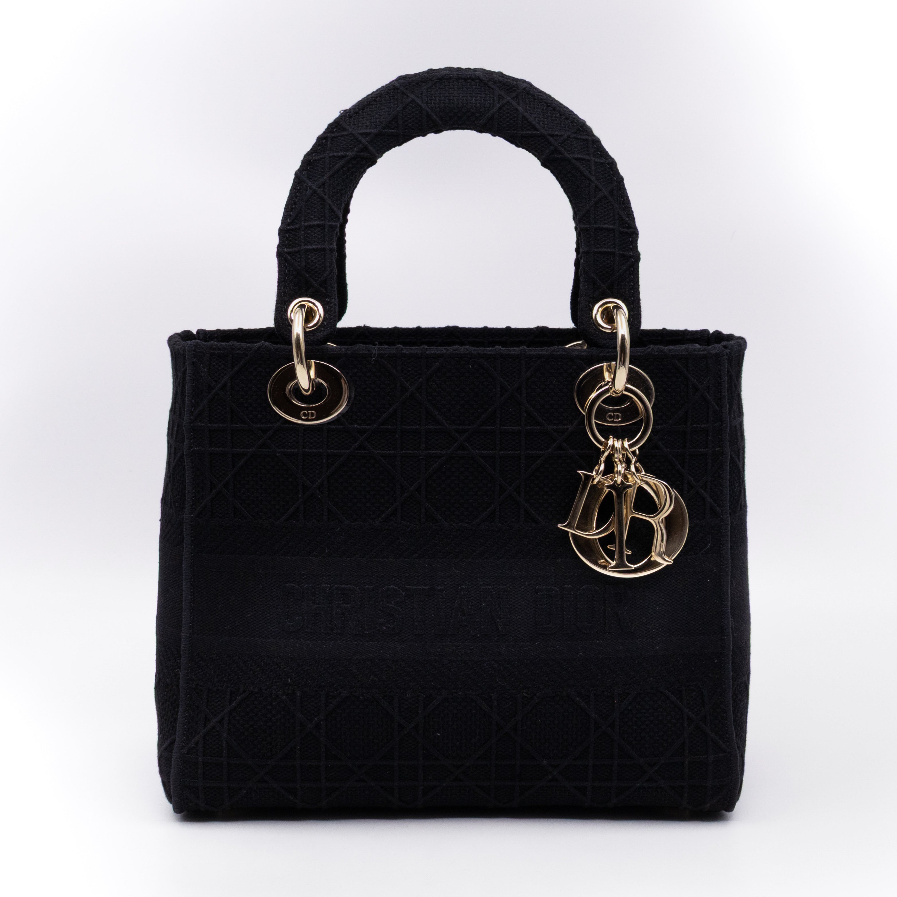 Lady D-Lite Medium Black Canvas Embroidery Cannage