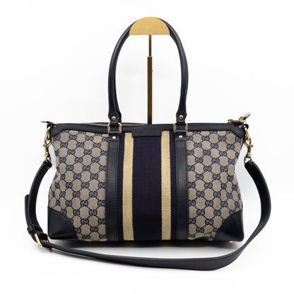 Web Tote Bag Medium GG Canvas Blue Leather