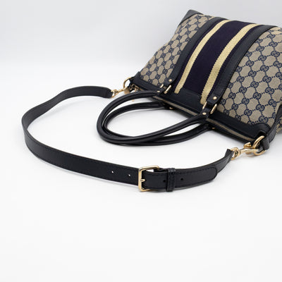 Web Tote Bag Medium GG Canvas Blue Leather