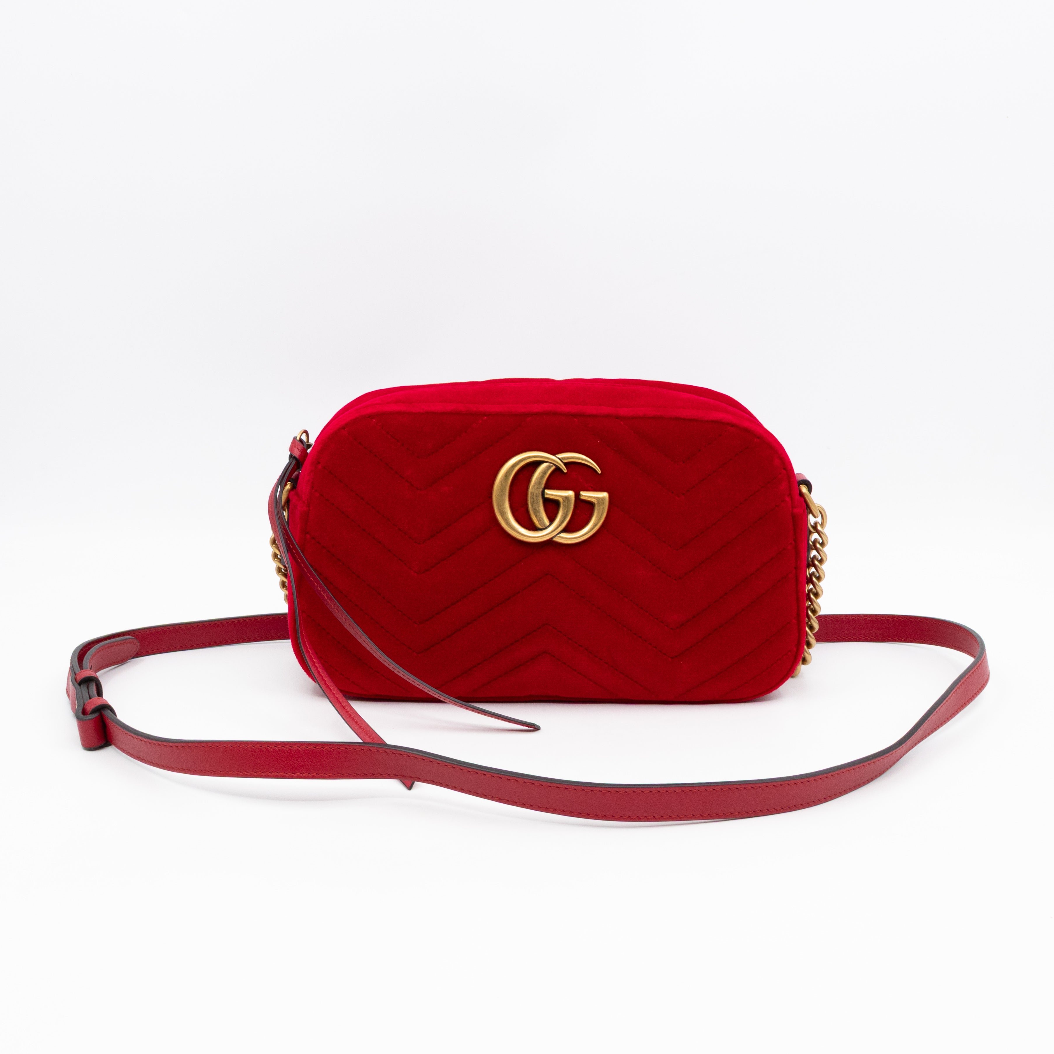 GG Marmont Small Camera Bag Red Velvet Aged Gold