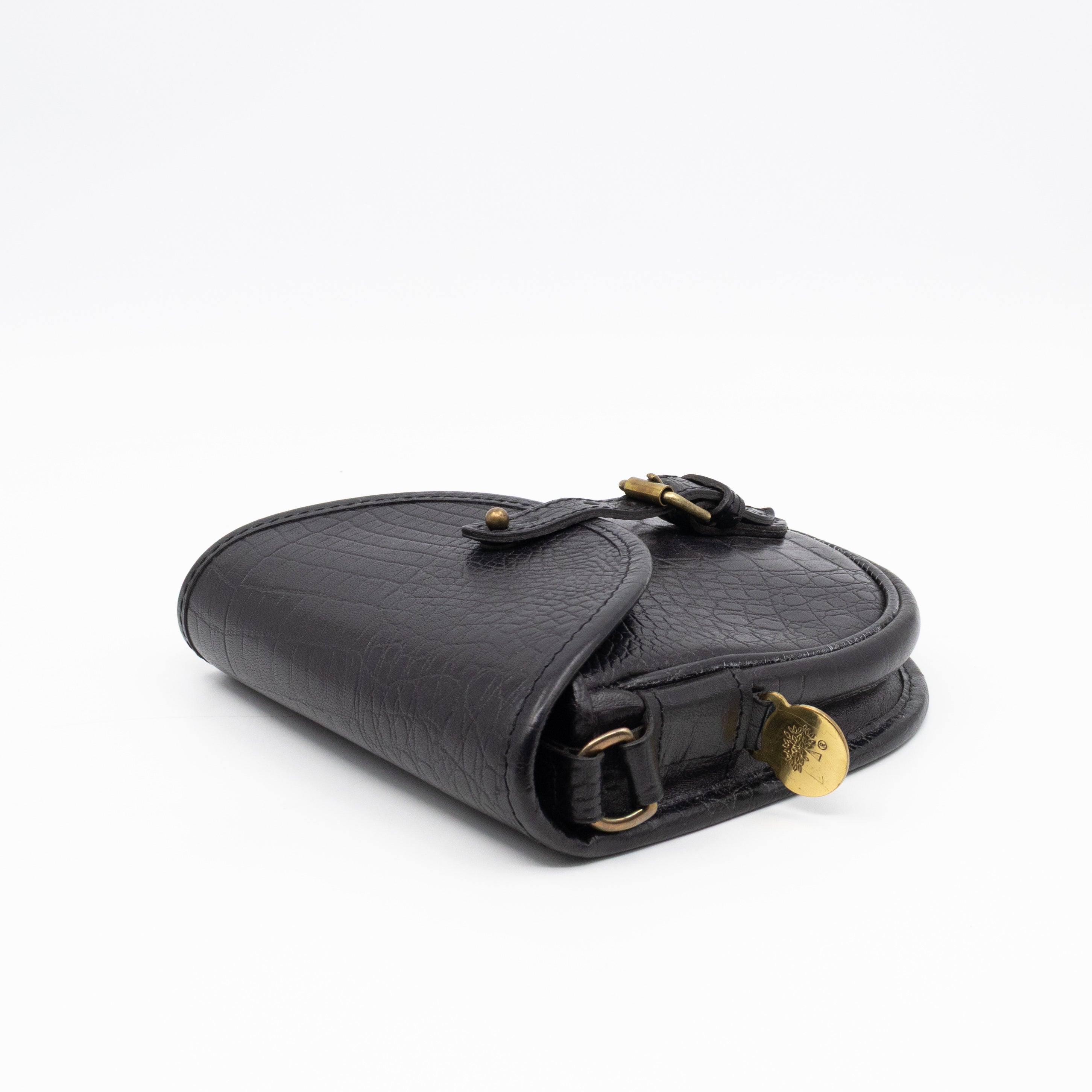 Vintage Crossbody Bag Black Croc Embossed Leather