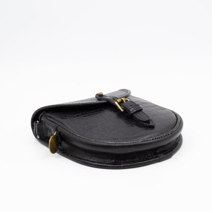 Vintage Crossbody Bag Black Croc Embossed Leather