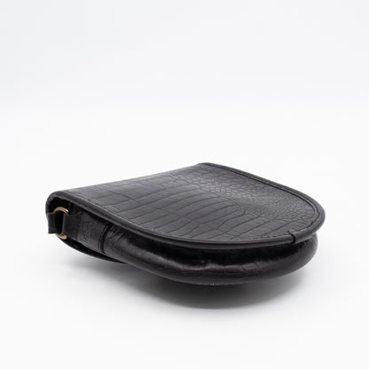 Vintage Crossbody Bag Black Croc Embossed Leather